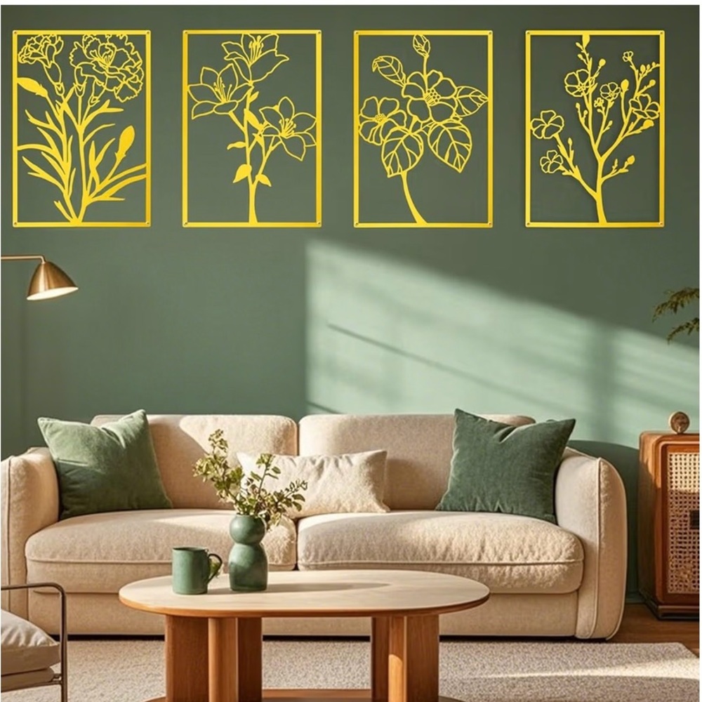 Gold Floral Metal Wall Art – Set of 4 Elegant 3D Frames